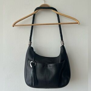VGC Brighton Barbados Zip Top Hobo Bag Purse Black Pebbled Leather Pockets Charm